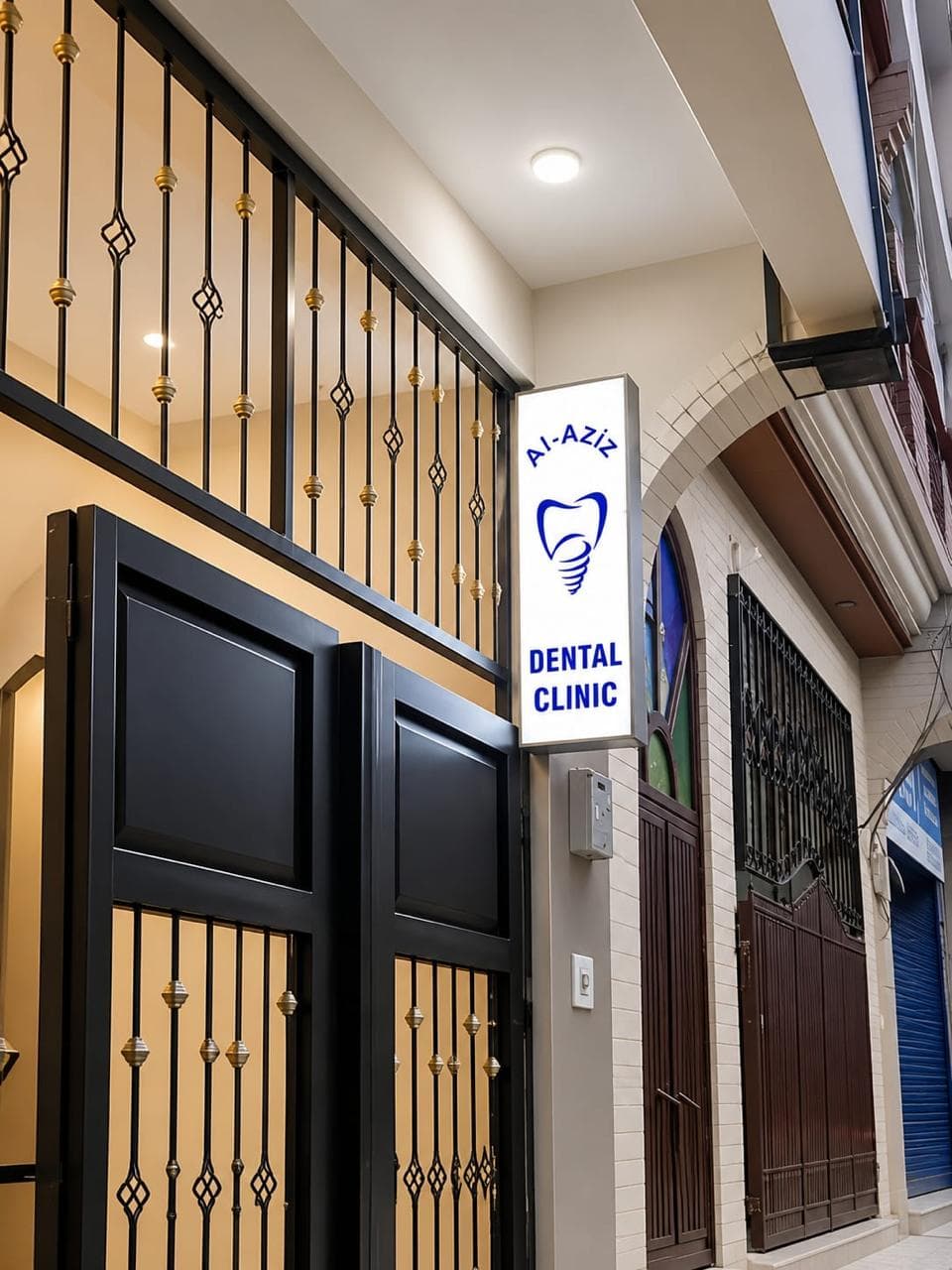 Al-Aziz Dental Clinic street entrance sign